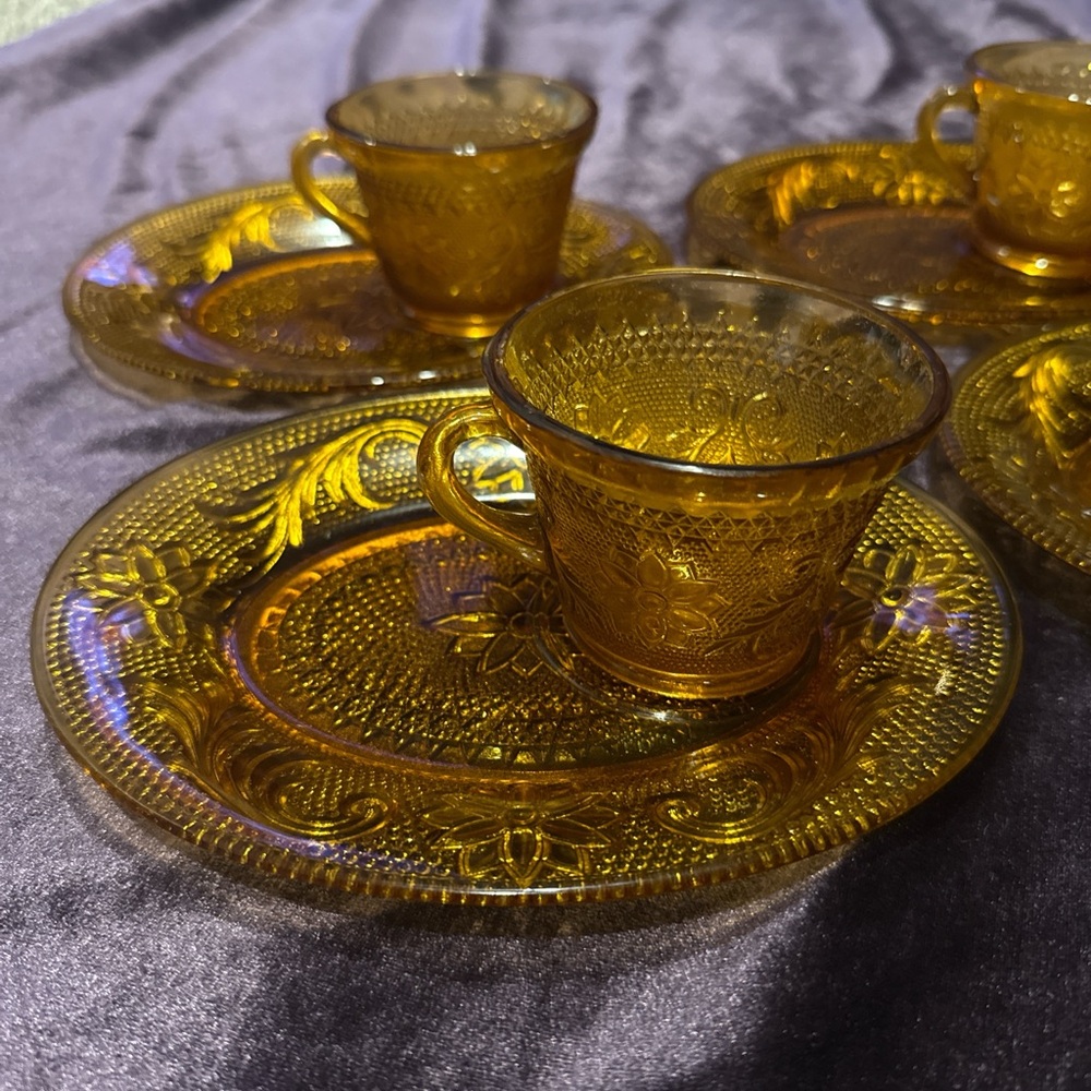 Vintage Tiara Indiana Amber Glass Sandwich Snack Plate & Cup Set